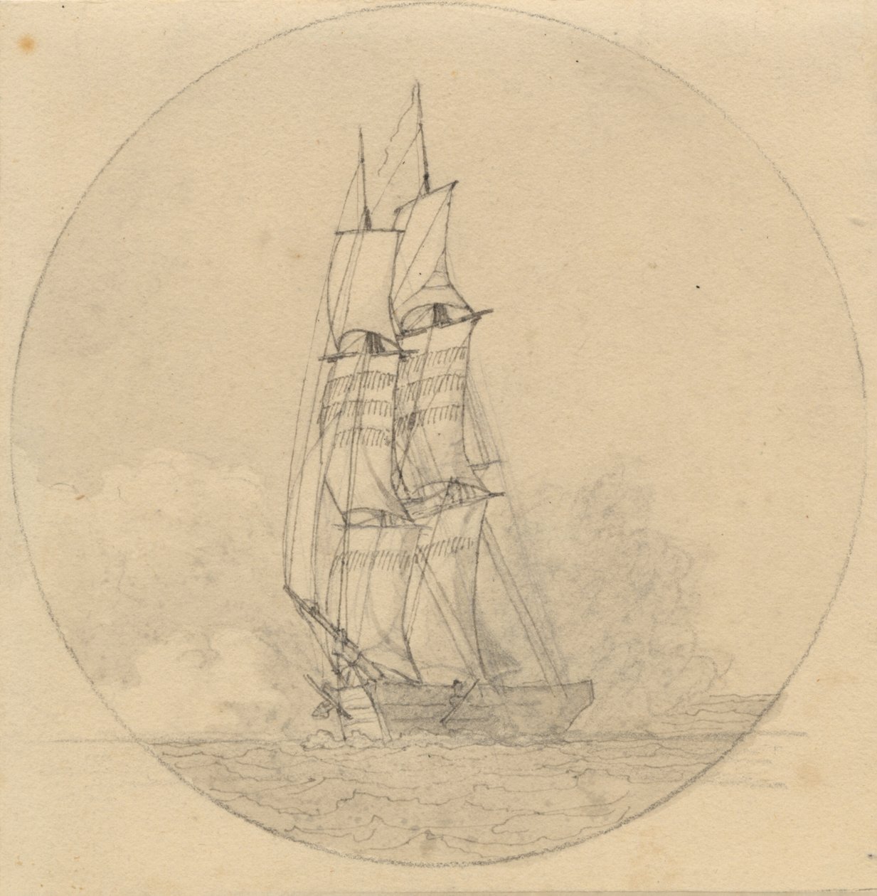 En brig under sejl set forfra. af Christoffer Wilhelm Eckersberg
