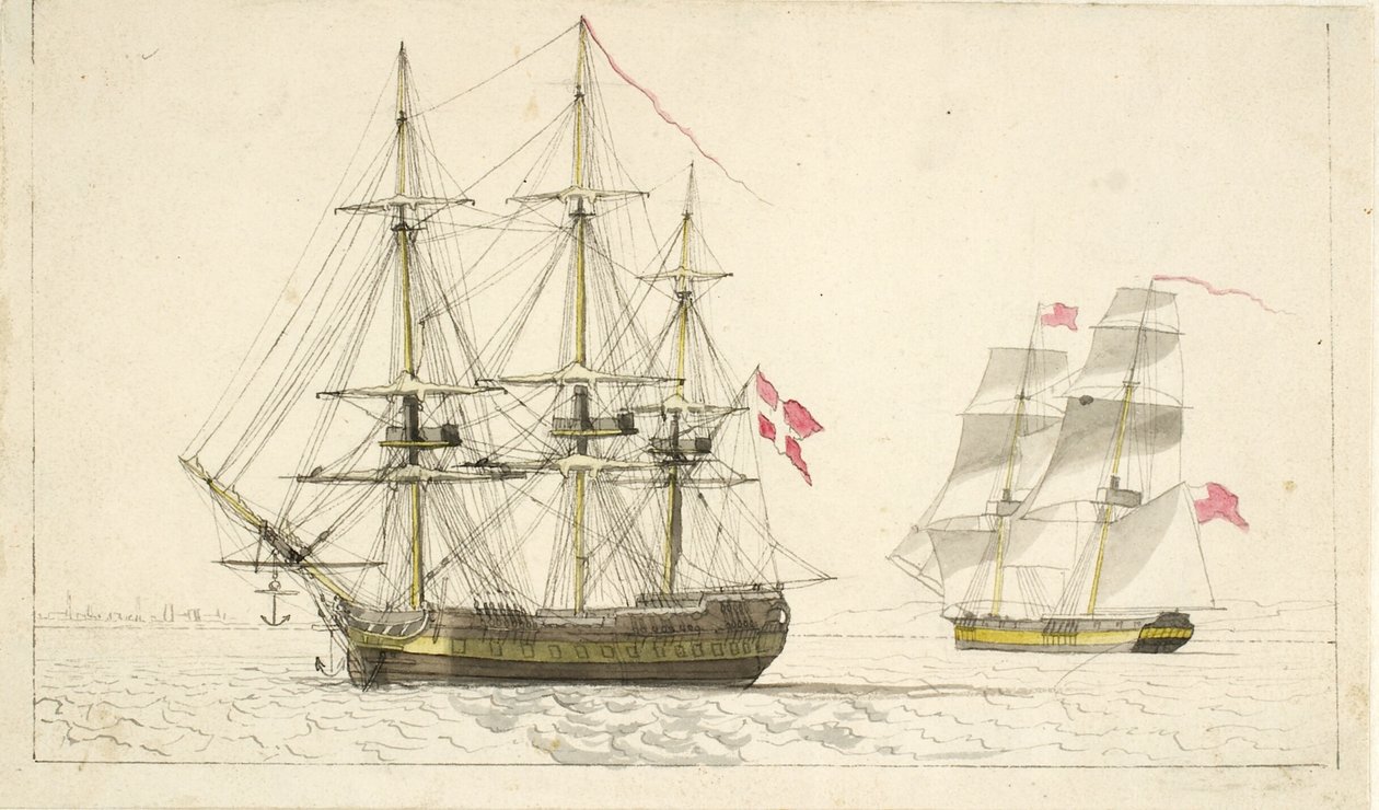 En dansk fregat til ankers og en engelsk brig under sejl af Christoffer Wilhelm Eckersberg