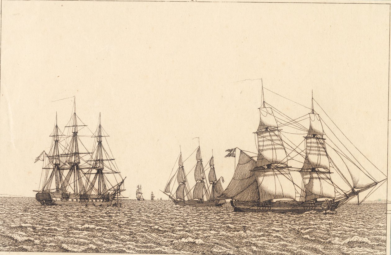En fregat ligger for anker. Illustration til "Linearperspectiven", Tavle IXb af Christoffer Wilhelm Eckersberg