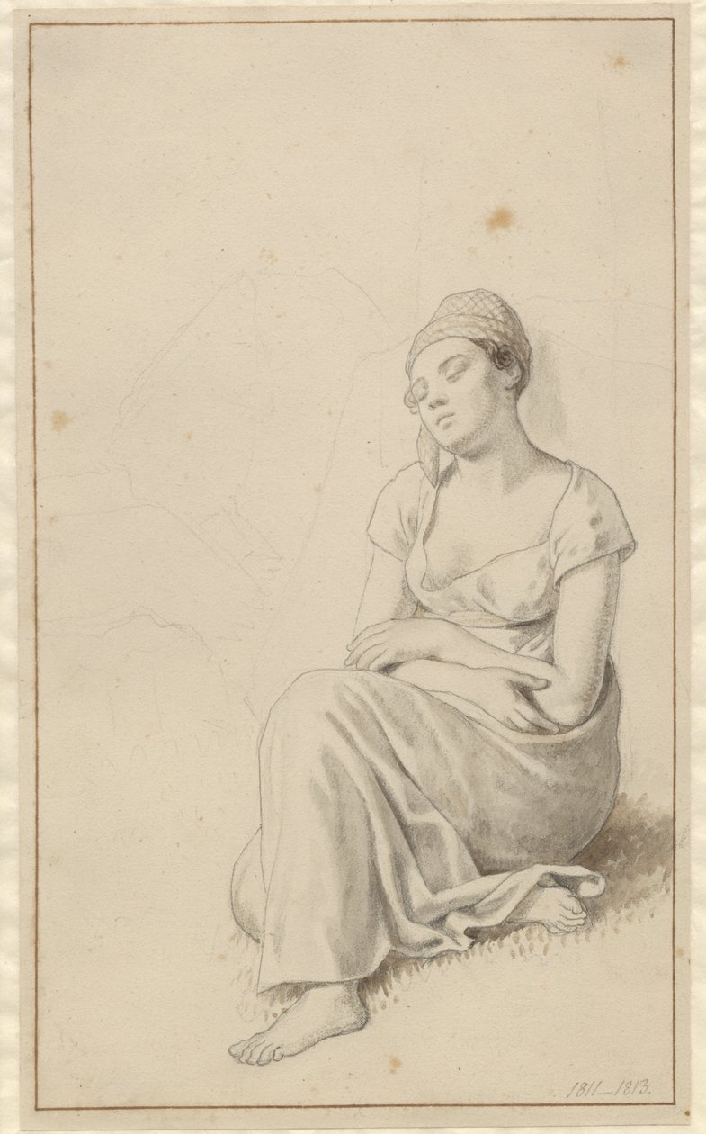 En kvinde, der sidder lænet mod en stenblok og sover. af Christoffer Wilhelm Eckersberg