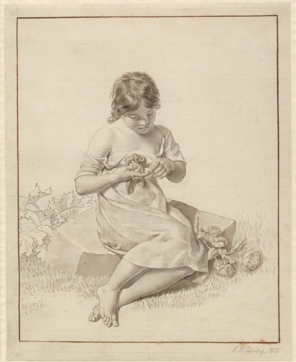 En lille pige, der har stukket sin finger på en rosentorn af Christoffer Wilhelm Eckersberg
