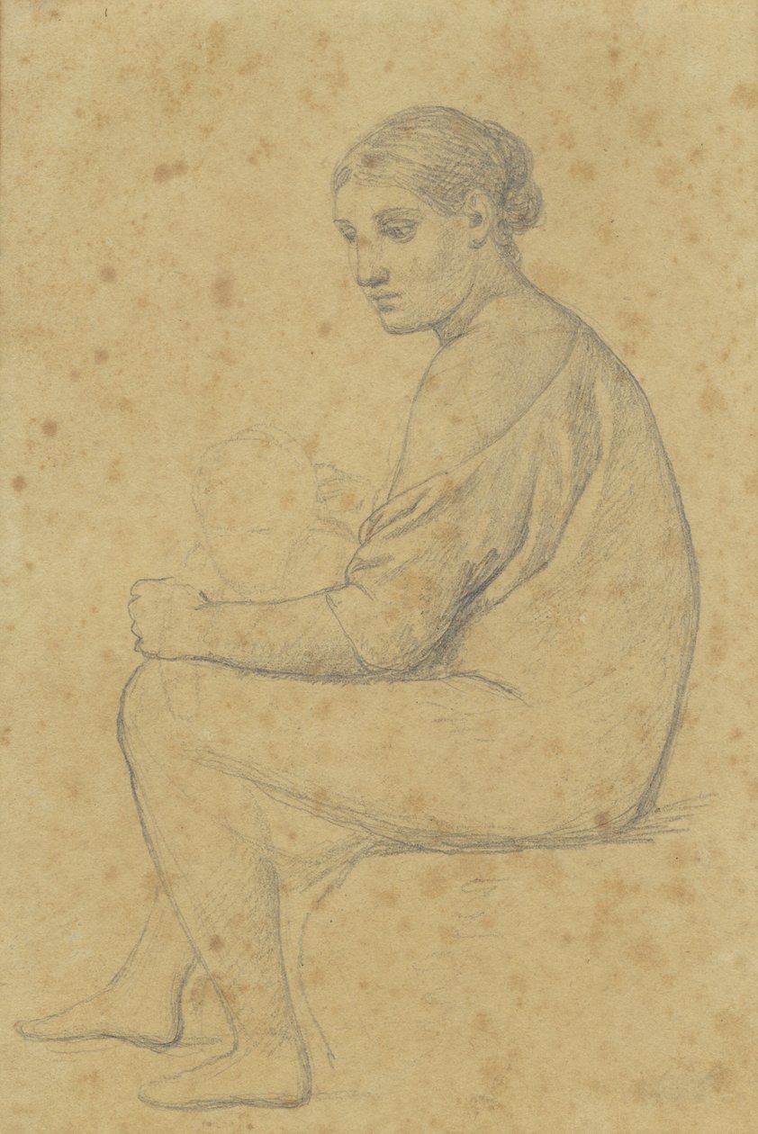 En siddede kvinde, til hvis knæ et barn støtter sig. af Christoffer Wilhelm Eckersberg