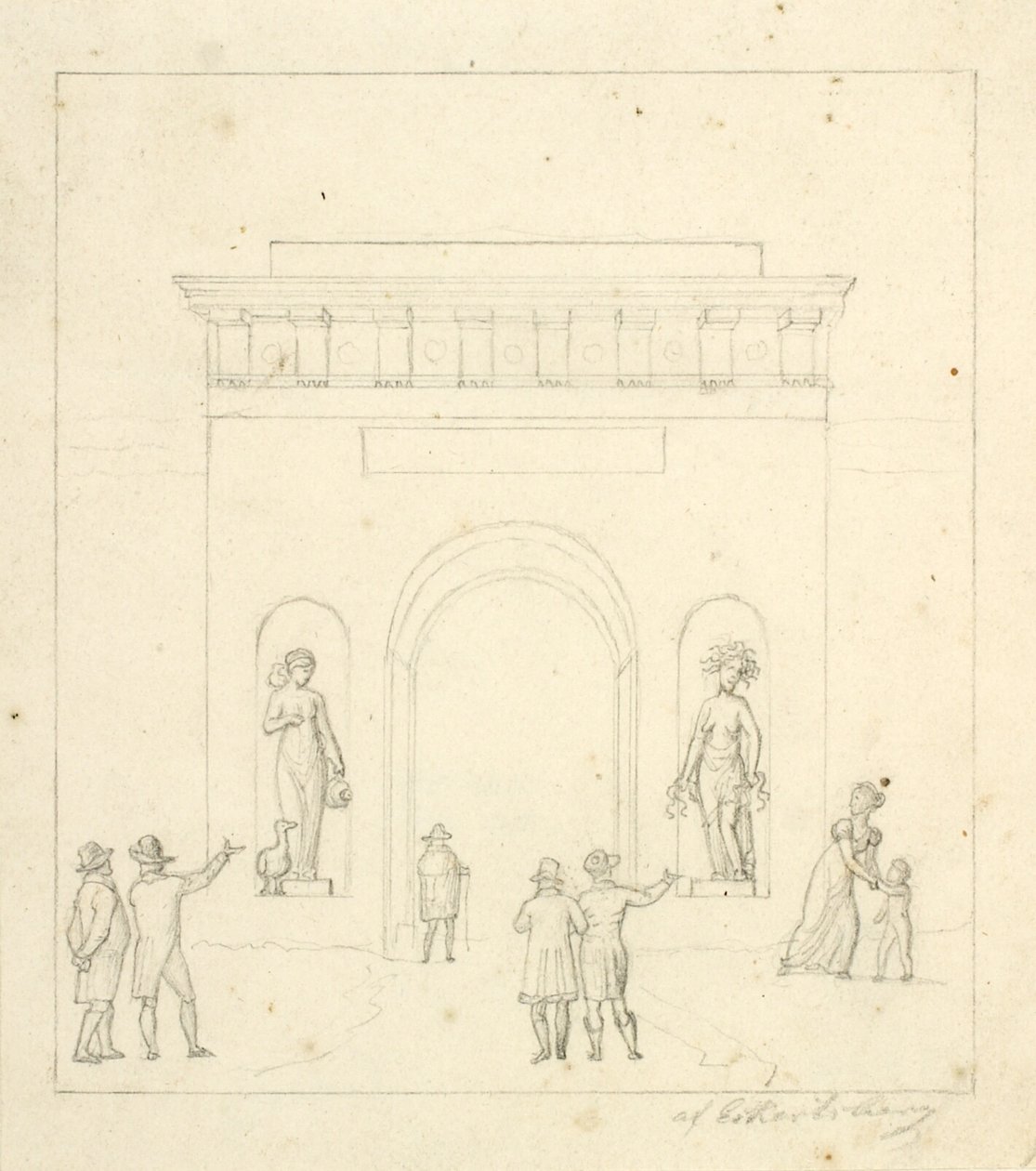 En triumfbue i forgrunden staffagefigurer af Christoffer Wilhelm Eckersberg