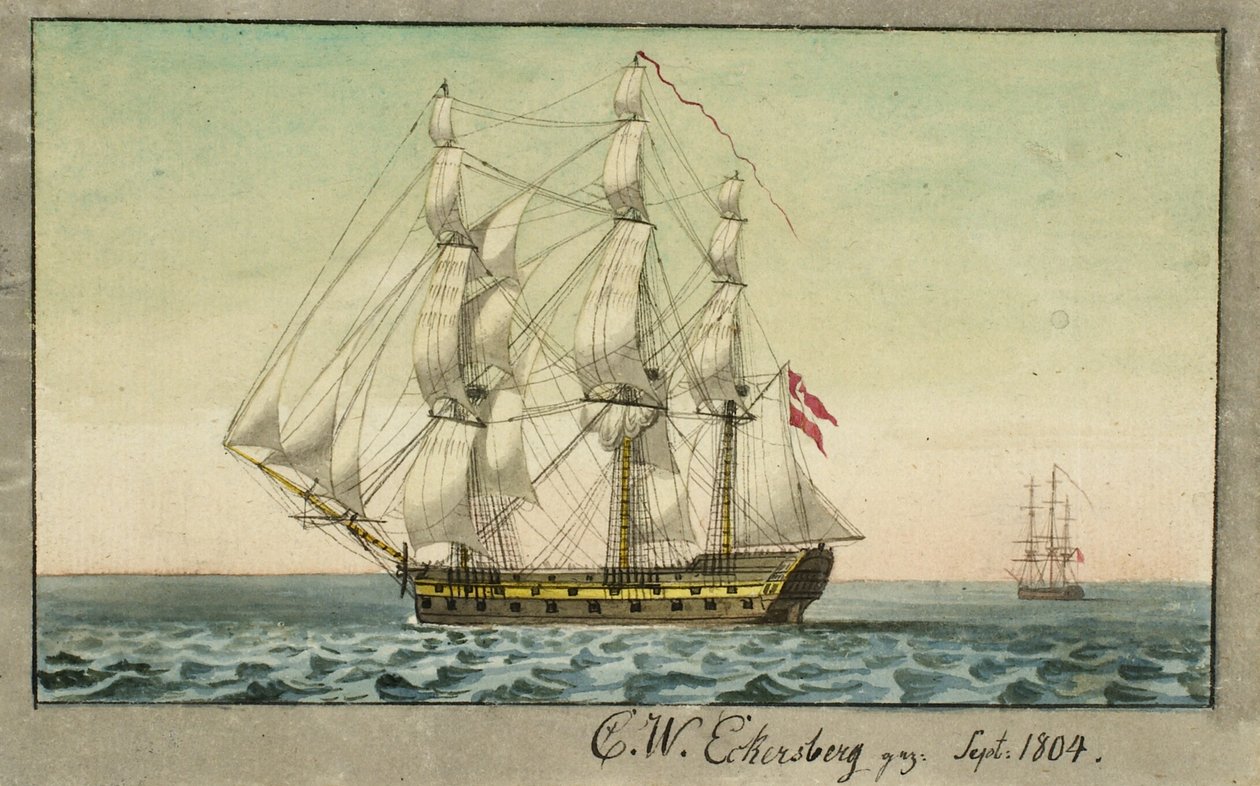 Et dansk orlogsskib under sejl, set fra læside af Christoffer Wilhelm Eckersberg