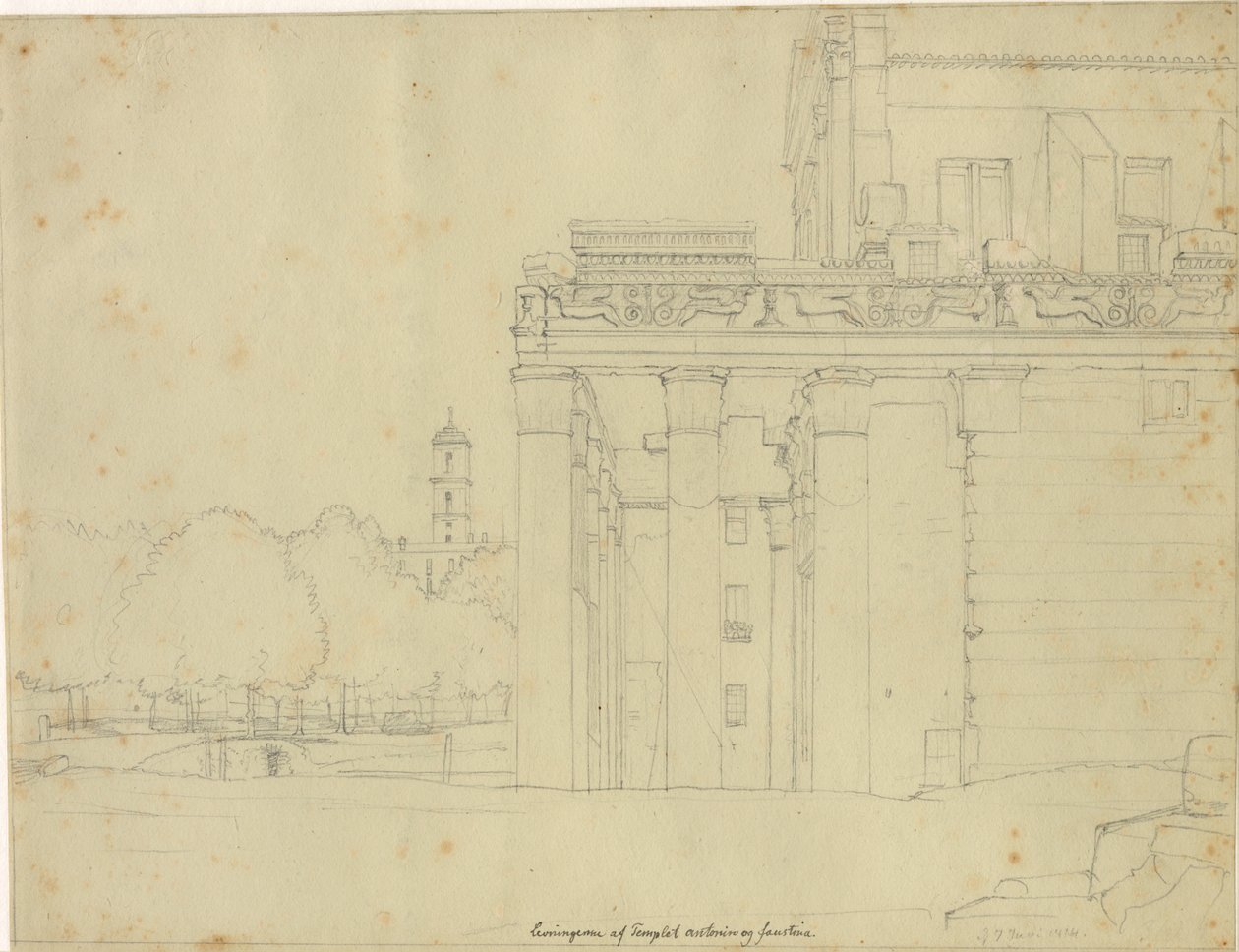 Et parti fra Via Sacra, på Forum Romanum med Antonius og Faustina templet og udsigt mod Campidoglio, Rom af Christoffer Wilhelm Eckersberg