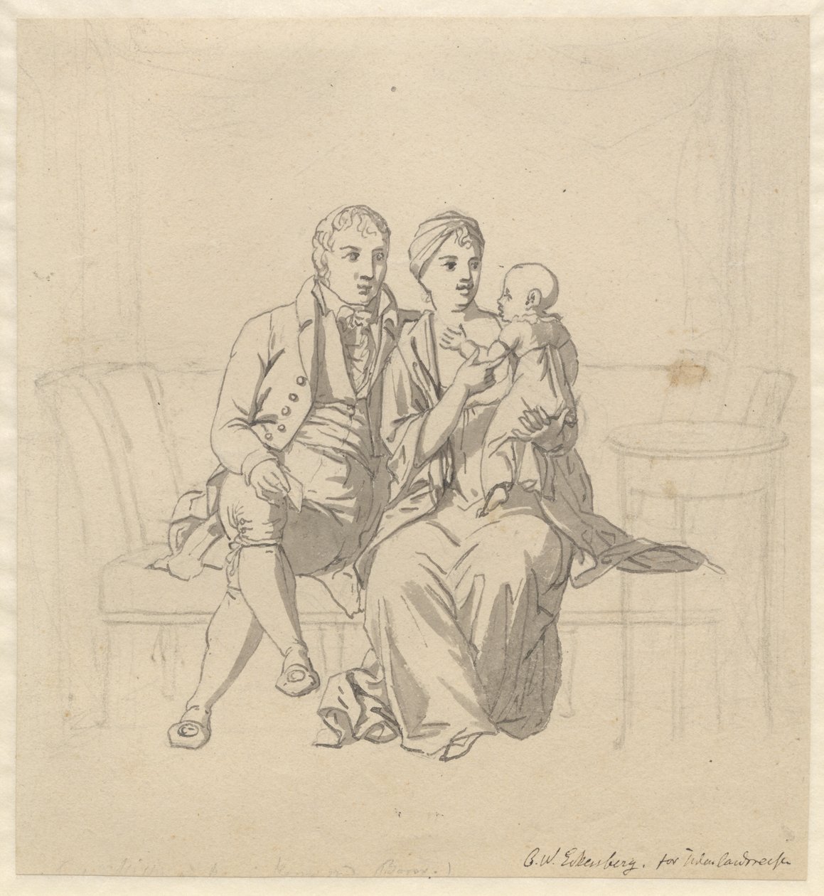 Et ungt ægtepar siddende i en sofa, hun med et barn på armen af Christoffer Wilhelm Eckersberg