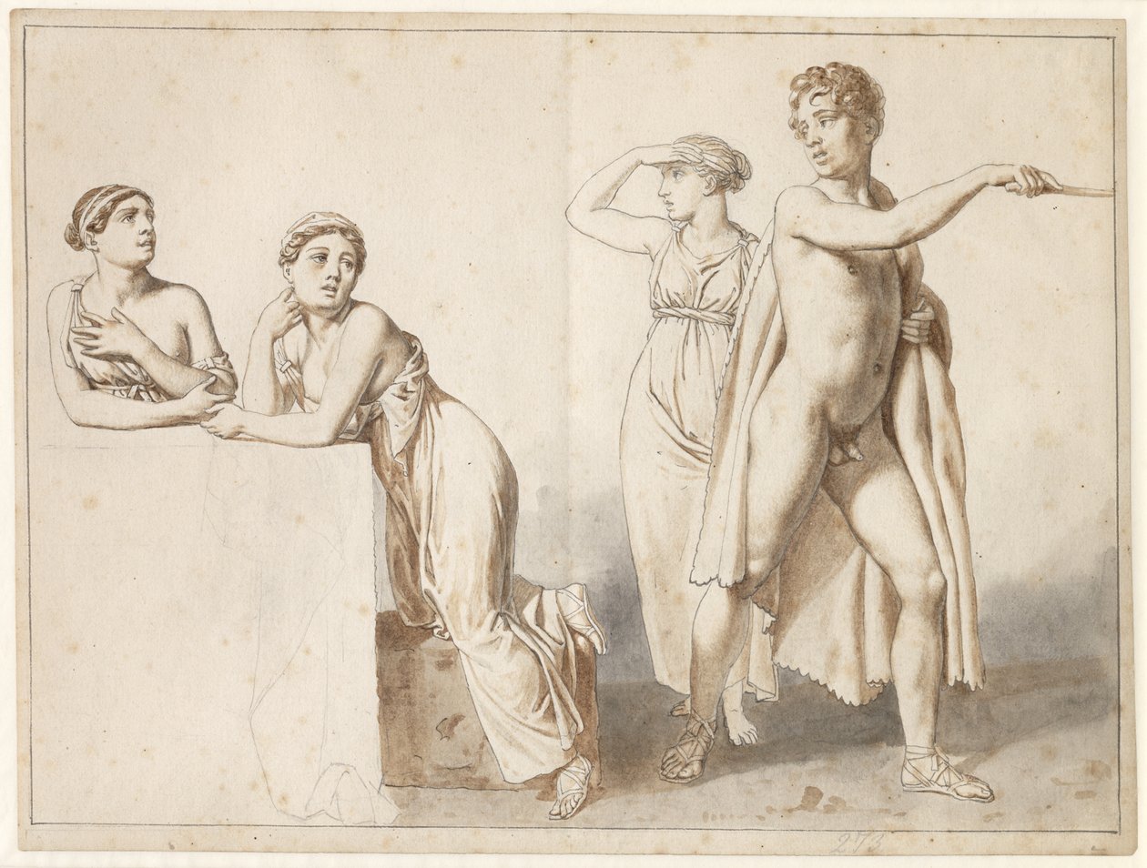 Fire studiefigurer, tre kvindelige og en mandlig i antikke dragter. af Christoffer Wilhelm Eckersberg