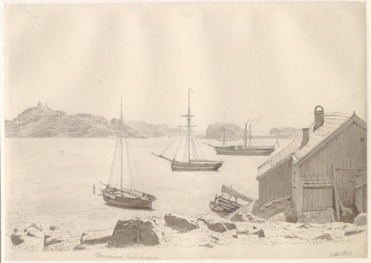 Frederiksværn havn ved Larviksfjorden, Norge. af Christoffer Wilhelm Eckersberg