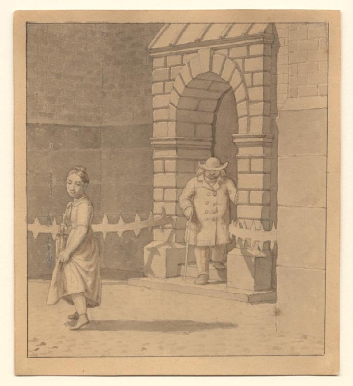 Gadebillede med en ung pige der løfter lidt op i kjolen; i baggrunden en ældre mand med en stok af Christoffer Wilhelm Eckersberg