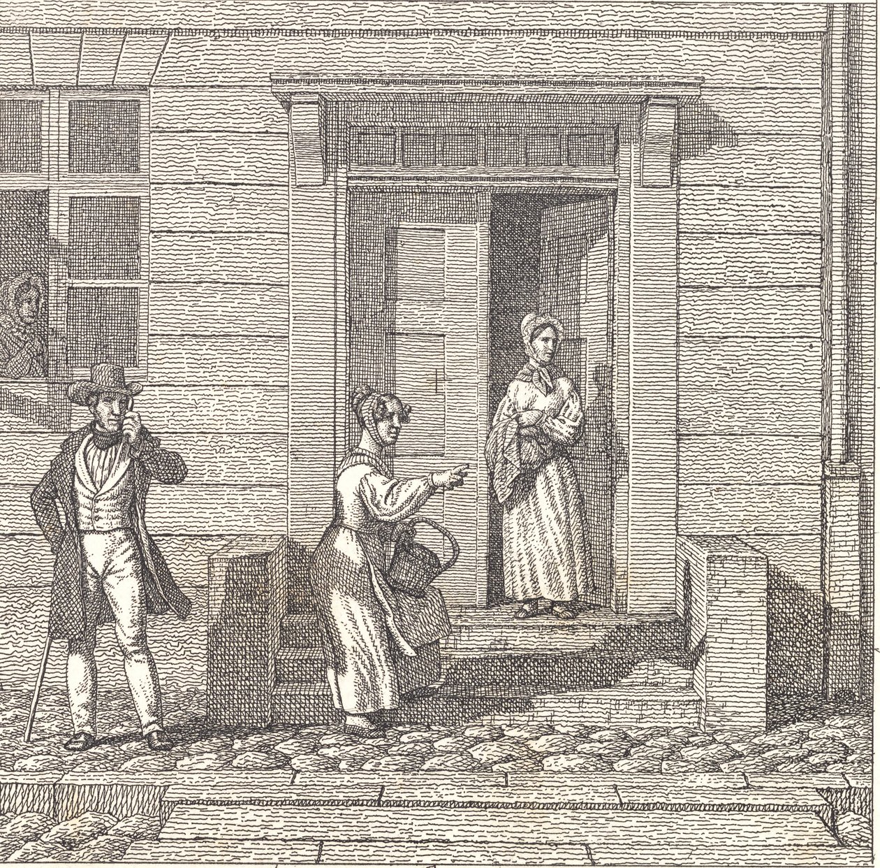 Gadescene, to piger, en herre og en kone ser efter noget af Christoffer Wilhelm Eckersberg