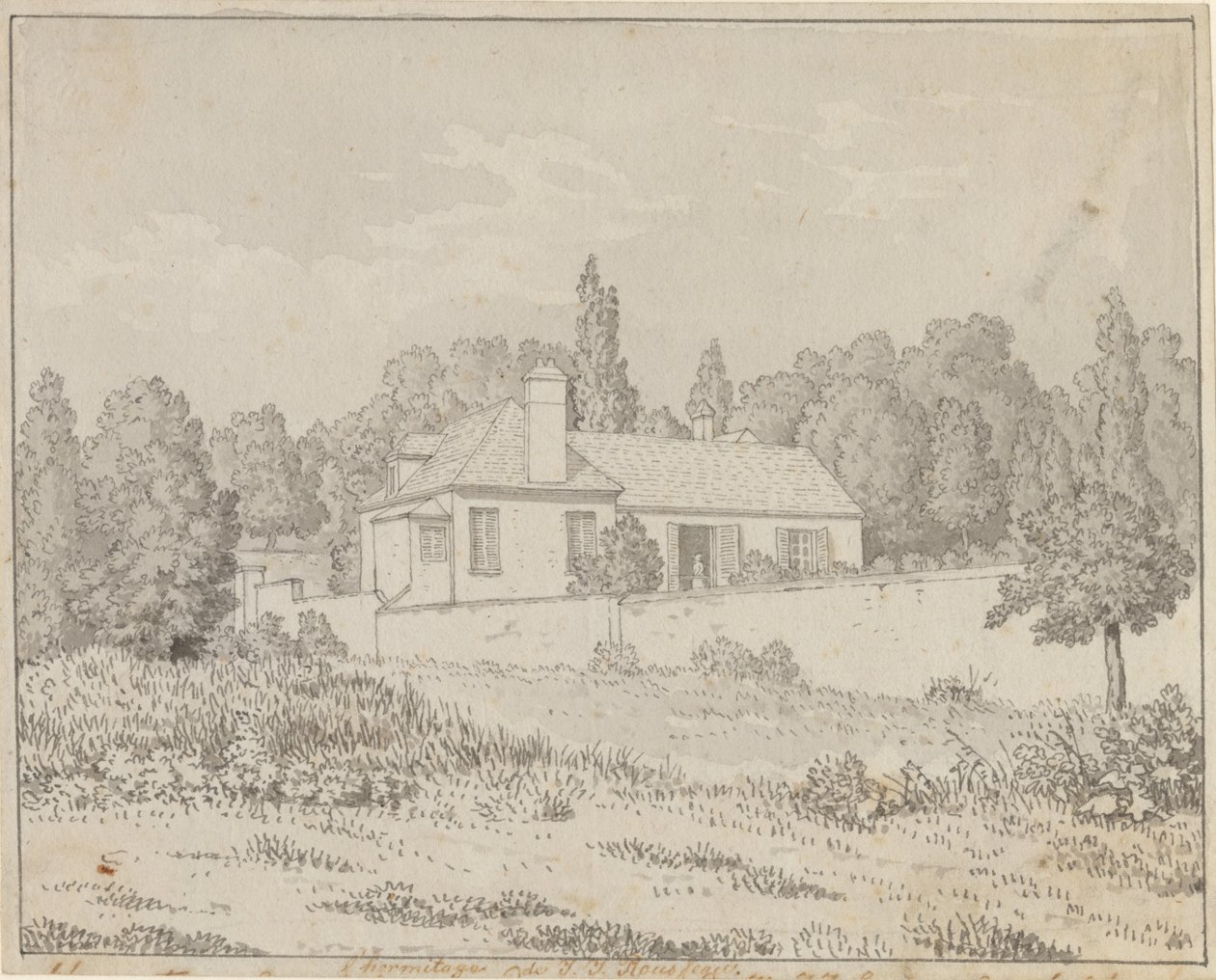 Jean Jacques Rousseaus hus i paladshaven ved Ermenonville af Christoffer Wilhelm Eckersberg