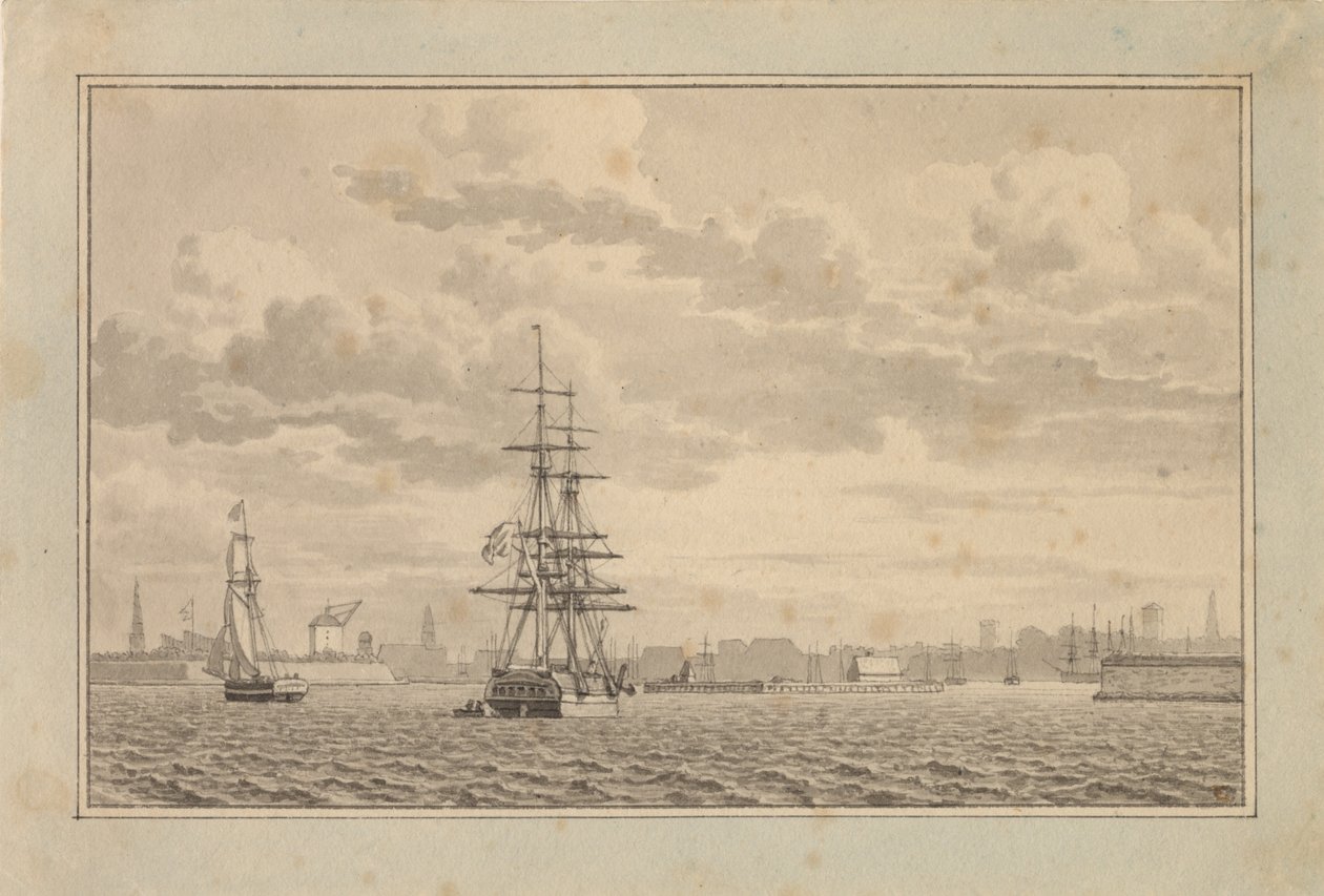 København set fra Yderhavnen med en Brig til ankers og en sejlende slup. af Christoffer Wilhelm Eckersberg