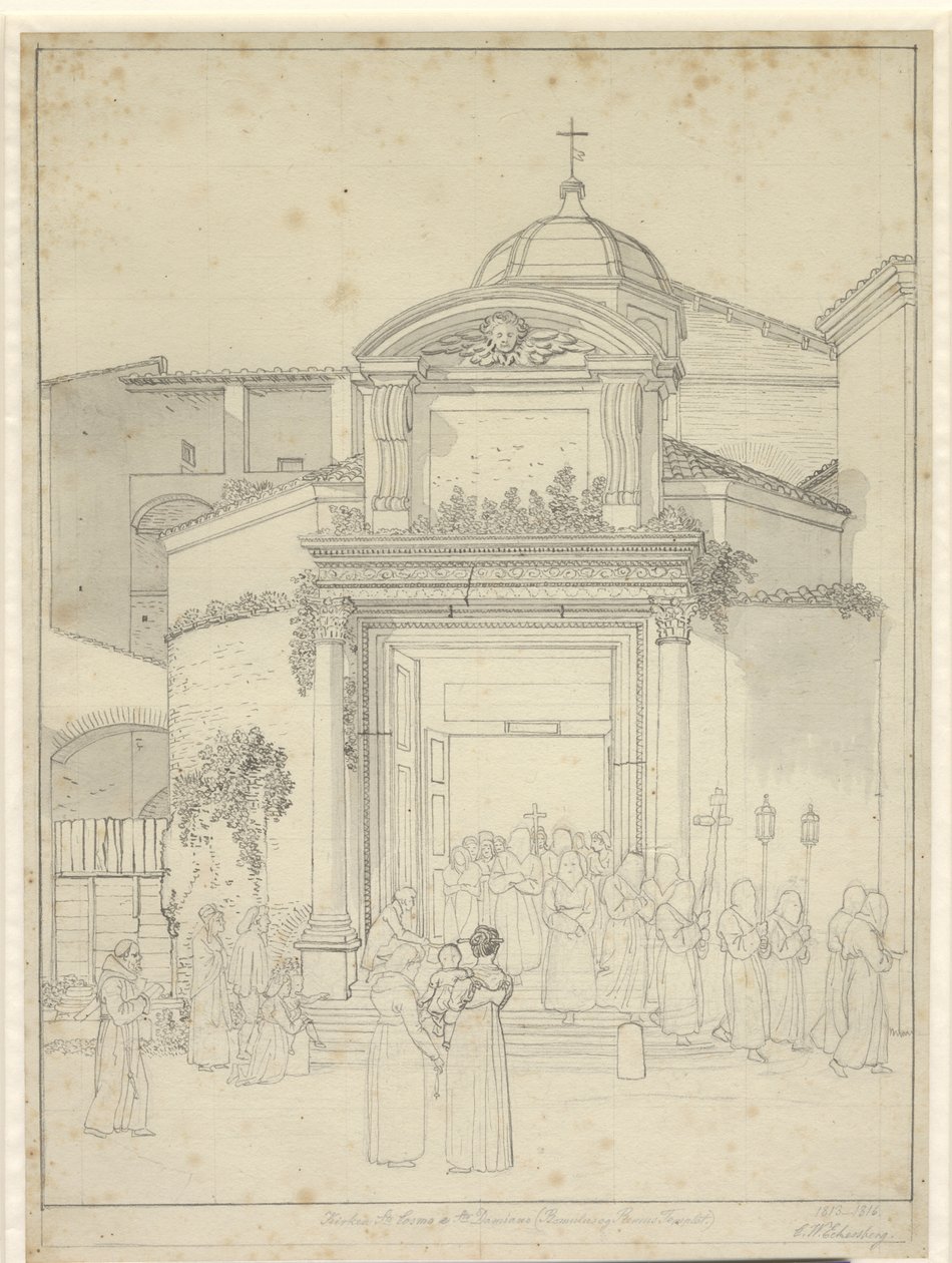 Kirken sta. Cosmos e Sta. Damians (Romolus og Remus Templet) med munke i procesion, der kommer ud af kirkedøren. af Christoffer Wilhelm Eckersberg
