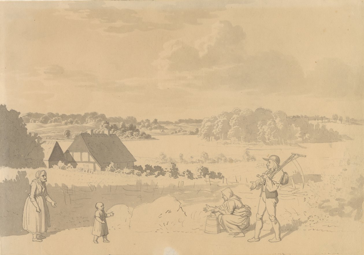Landskab med en sø, omgivet af skov og marker, i forgrunden bønder, der leger med et lille barn af Christoffer Wilhelm Eckersberg