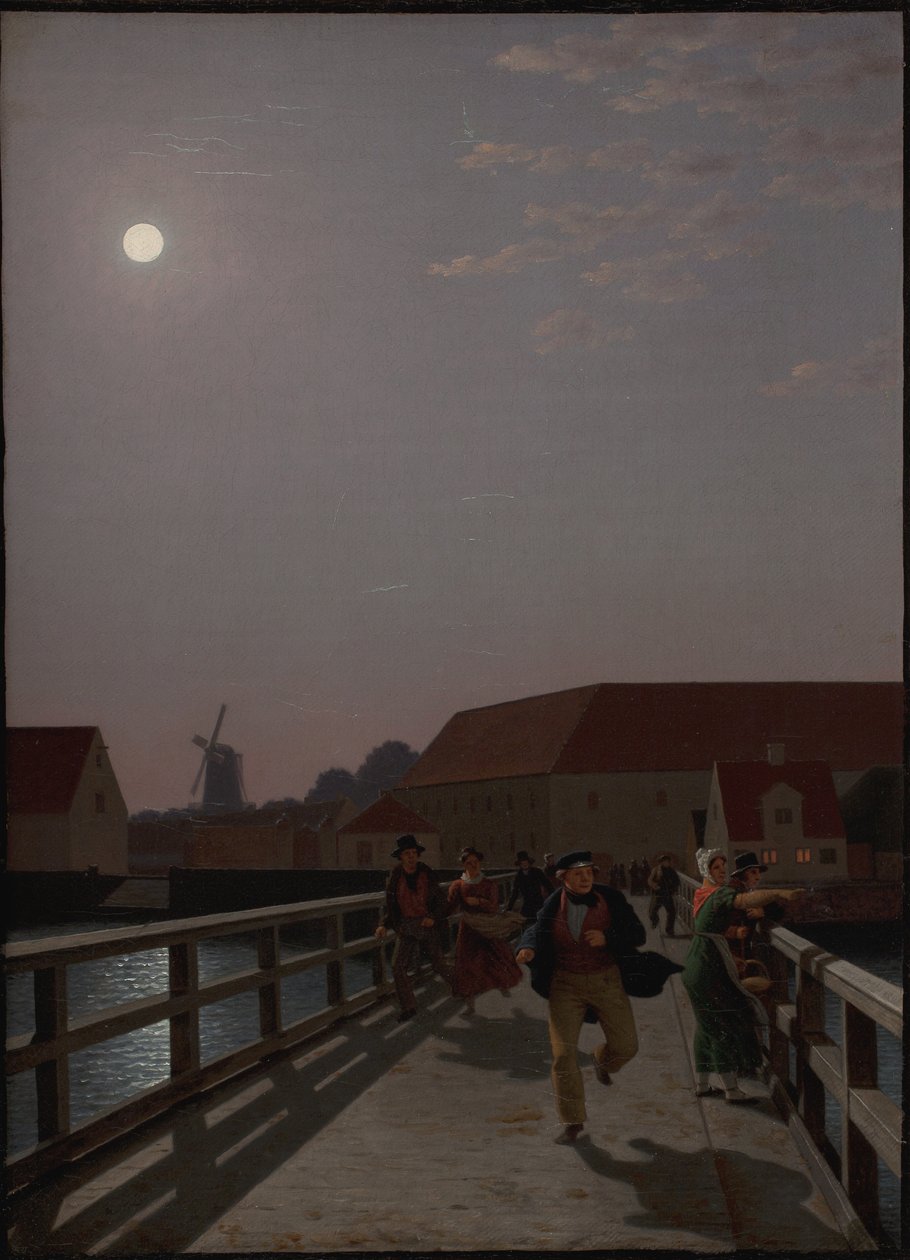 Langebro, København, i Måneskin med Løbende Figurer af Christoffer Wilhelm Eckersberg