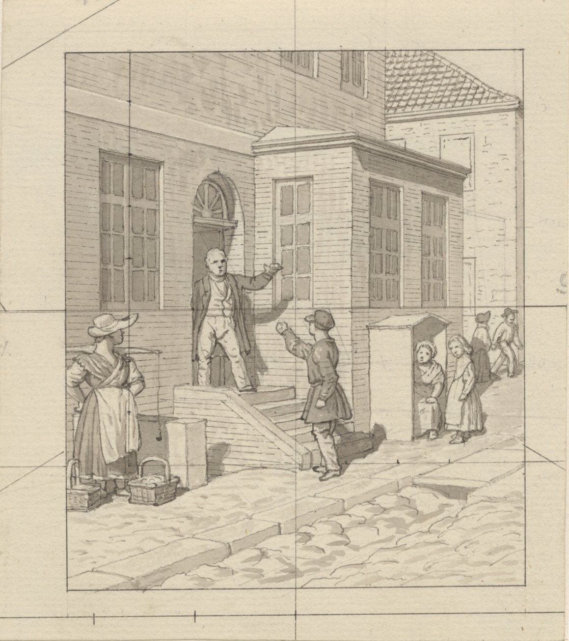 Linearperspectiven, anvendt paa Malerkunsten - Tavle VII, 2 -Skænderi på gadetrappen. af Christoffer Wilhelm Eckersberg