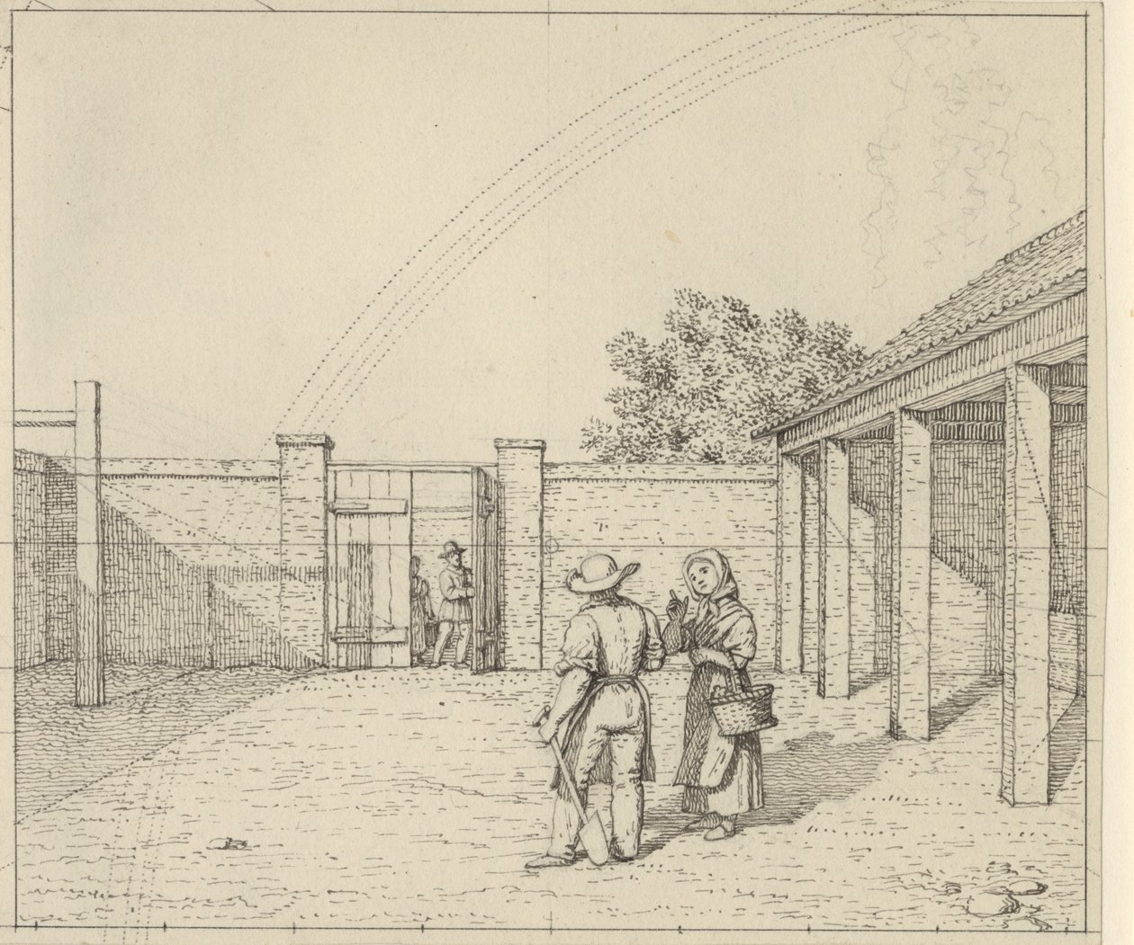 Linearperspectiven anvendt paa malerkunsten - Udkast til ikke anvendt Version af Tavle V,2 - Regnbuen over gårdsrummet. af Christoffer Wilhelm Eckersberg