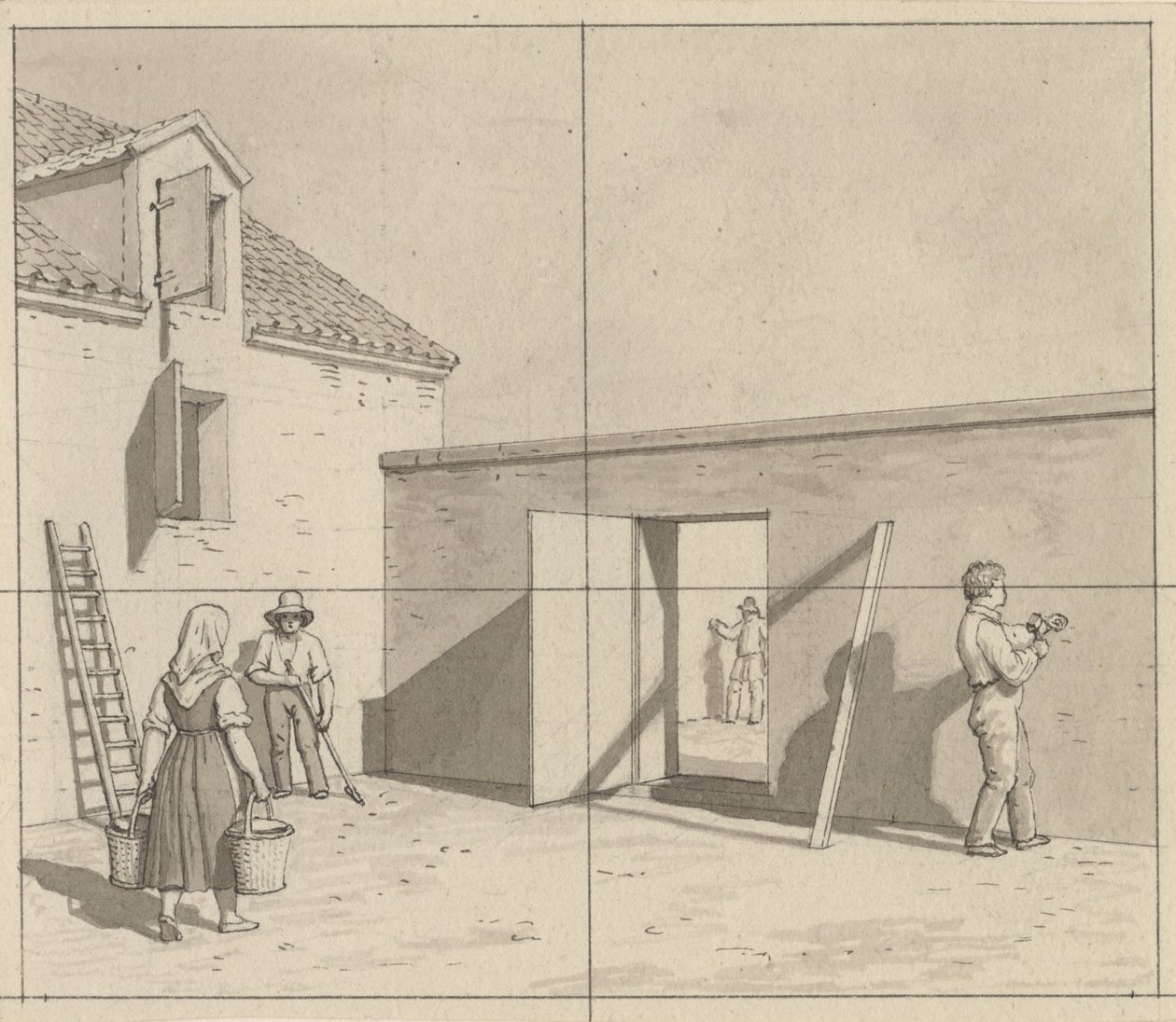 Linearperspectiven, anvendt paa malerkunsten - udkast til ikke anvendt illustration - Dansk gårdsplads med fire bønder og håndværkere. af Christoffer Wilhelm Eckersberg