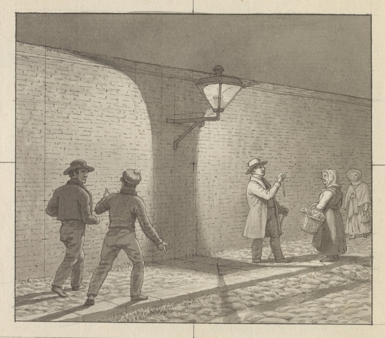 Linearperspectiven anvendt paa malerkunsten, Tavle VIII, fig. 1 - Natlig færden under gadelygten. af Christoffer Wilhelm Eckersberg