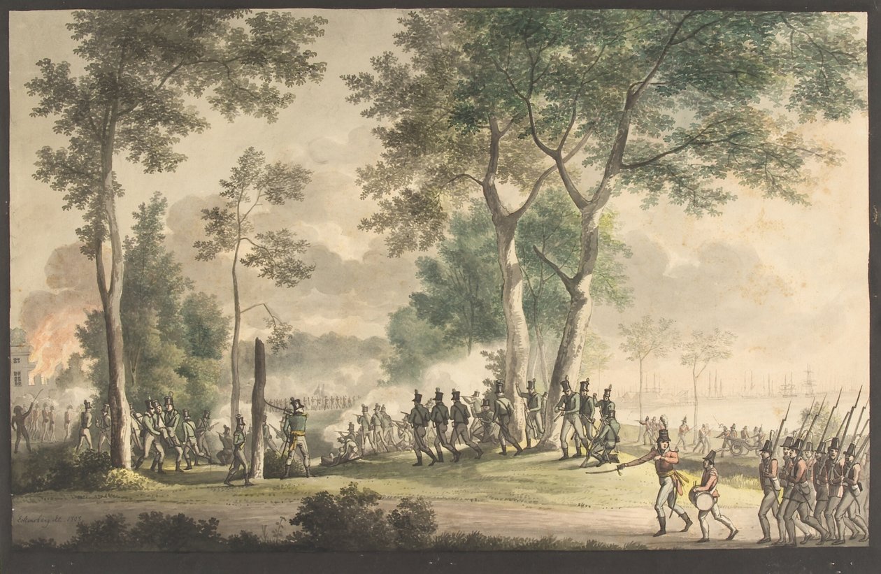 Livjægernes udfald i Classens have 31.august 1807. af Christoffer Wilhelm Eckersberg