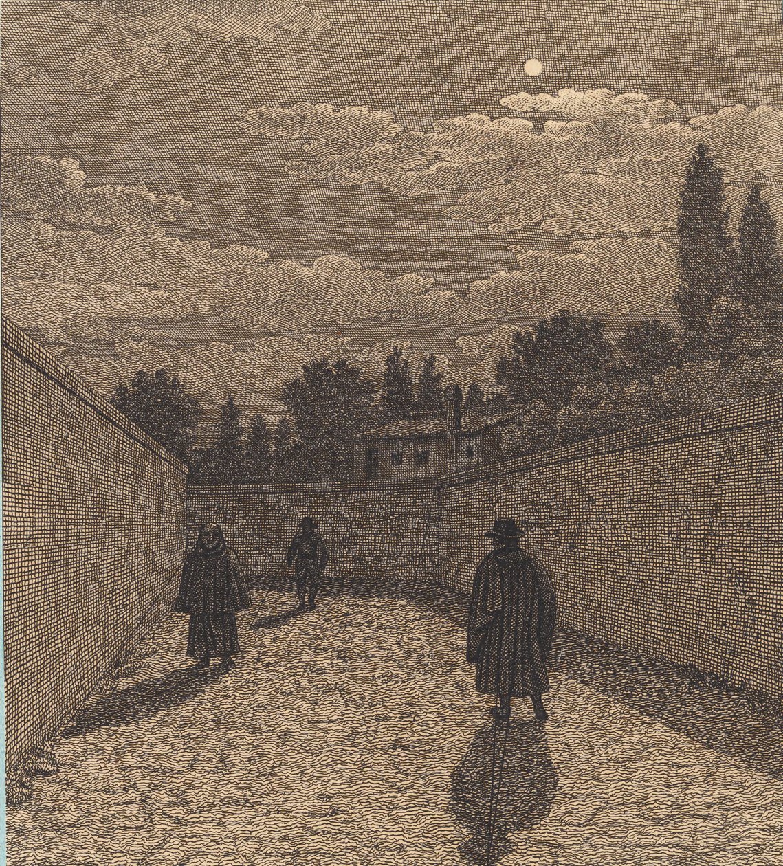 Måneskin over en vej med tre figurer. Illustration til "Linearperspectiven", Tavle IV af Christoffer Wilhelm Eckersberg