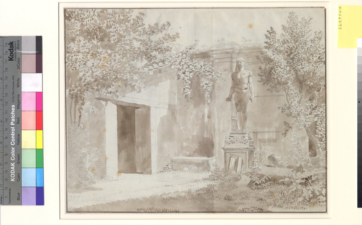 Parti antageligt fra Palazzo Barberinis have med romersk Antinous Statue i ægyptisk stil, Rom af Christoffer Wilhelm Eckersberg