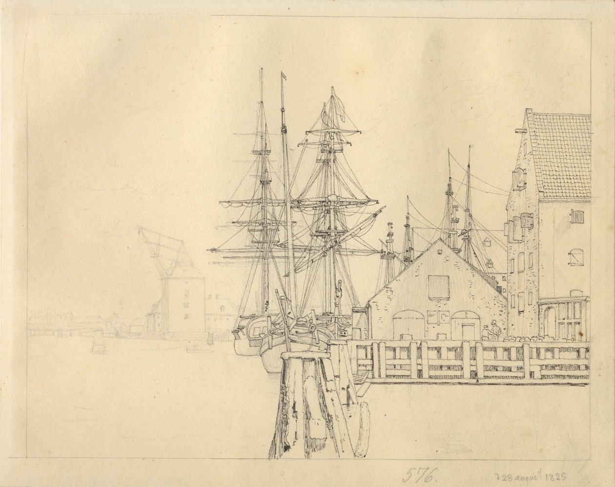Parti fra en af skibspladserne på Christianshavn, i baggrunden Mastekran. af Christoffer Wilhelm Eckersberg