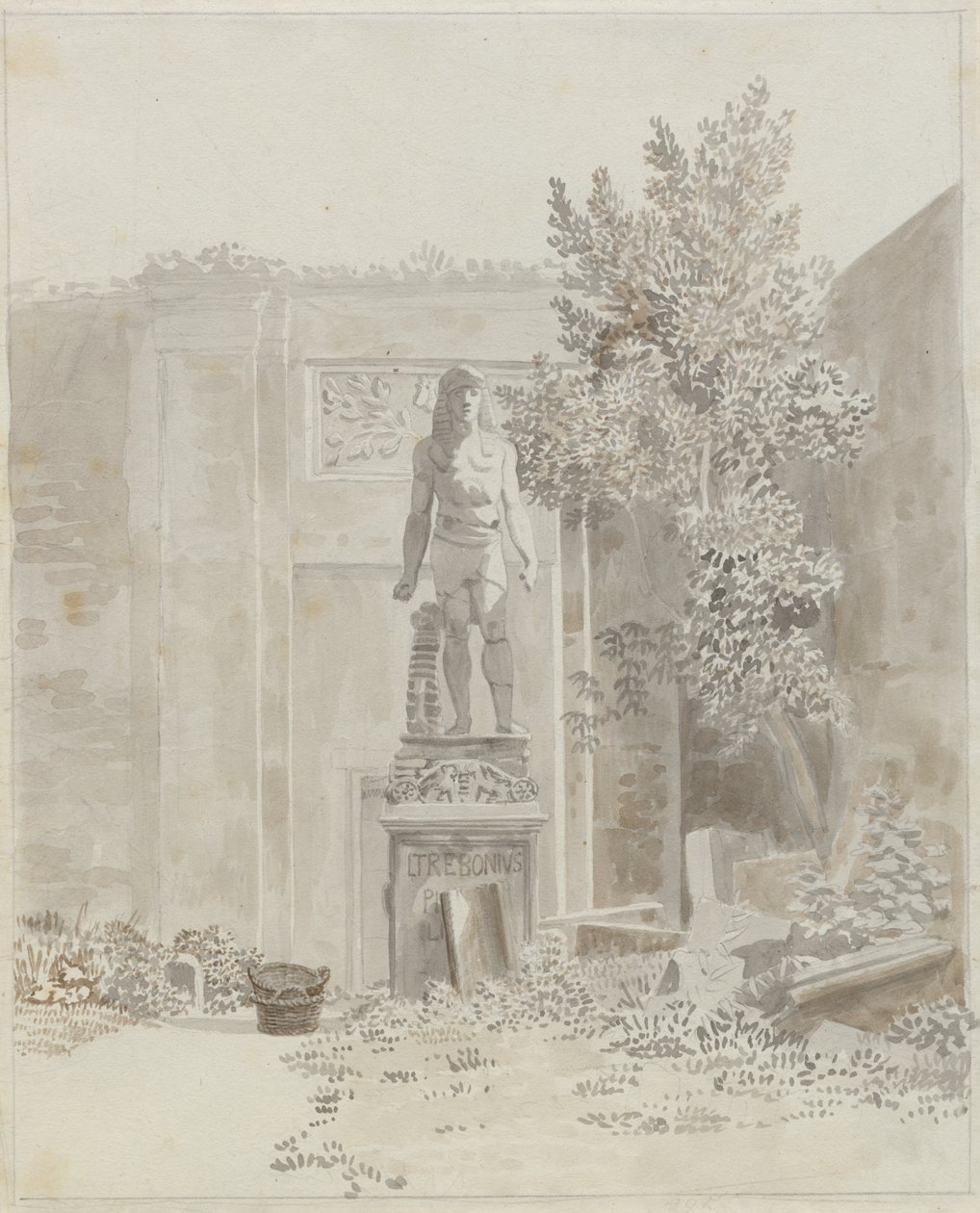 Romersk antik statue i egyptisk stil, antageligt i Palazzo Barberinis have af Christoffer Wilhelm Eckersberg