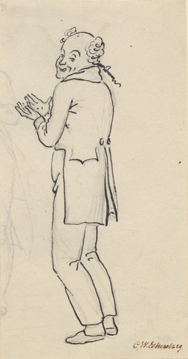 Satirisk blad; en smilende mand, set fra siden, med begge hænder op foran brystet, samt del af et let blyant rids [afskåret] af Christoffer Wilhelm Eckersberg