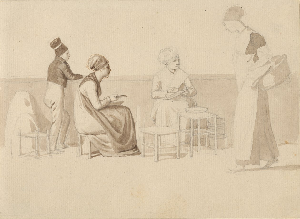 Scene fra en gård eller kaj i Paris. Fire siddende, stående og gående figurer. af Christoffer Wilhelm Eckersberg