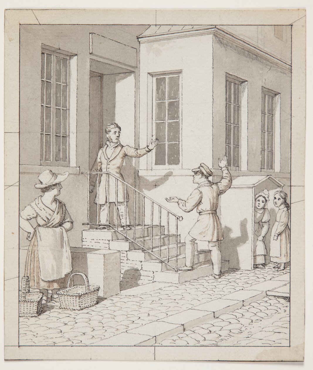 Skænderi på gadetrappen. Forstudie til "Linearperspectiven anvendt paa Malerkunsten", Tavle VII, 2 af Christoffer Wilhelm Eckersberg