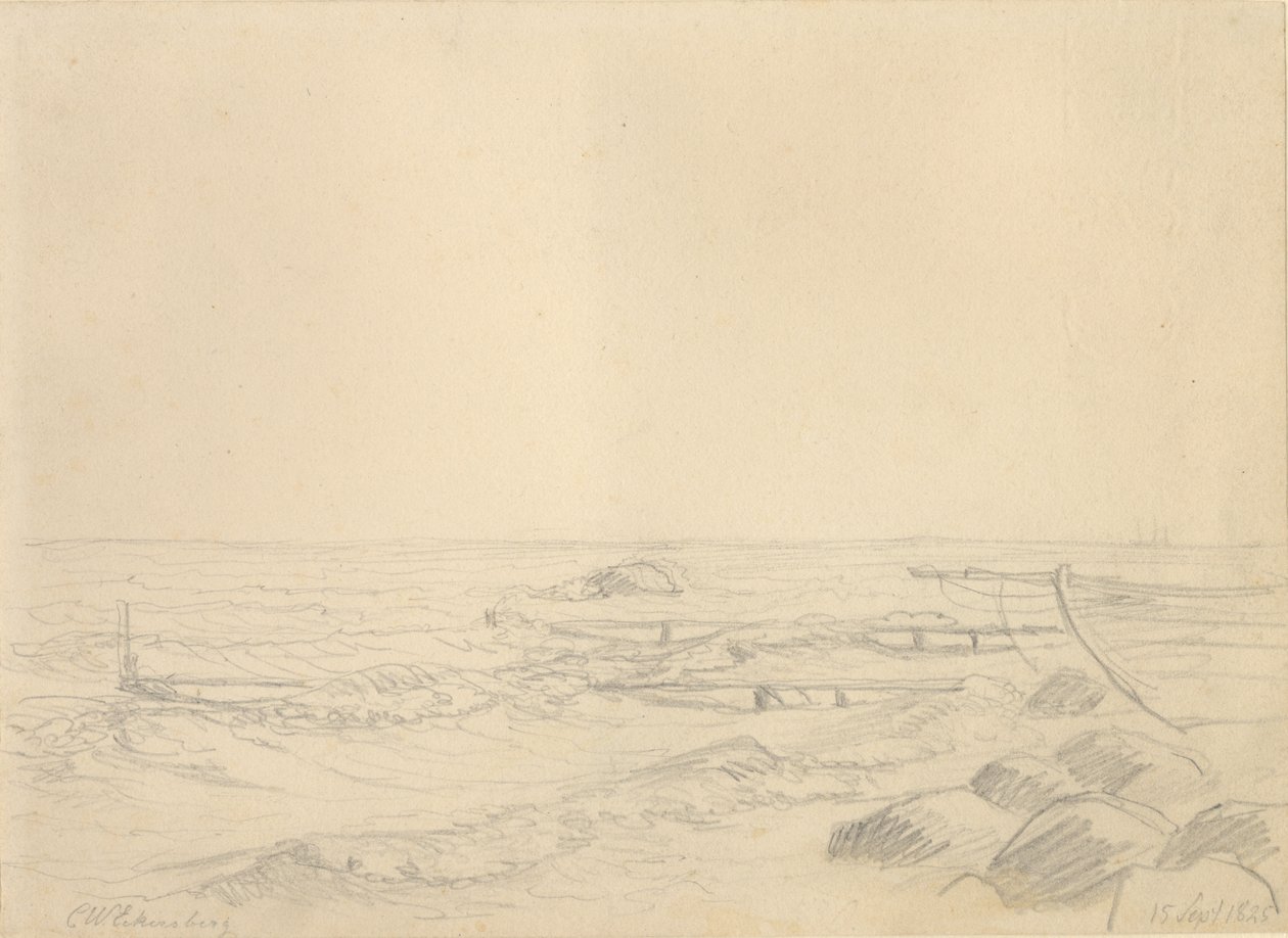 Strandparti med bølger, der står ind mod sten og en badebro. af Christoffer Wilhelm Eckersberg