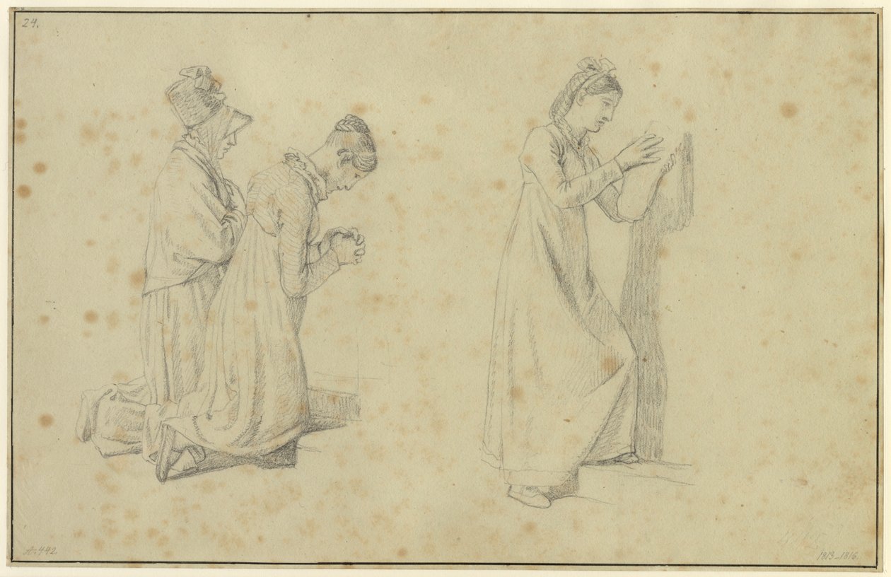 Studie af en stående og to knælende kvindefigurer af Christoffer Wilhelm Eckersberg