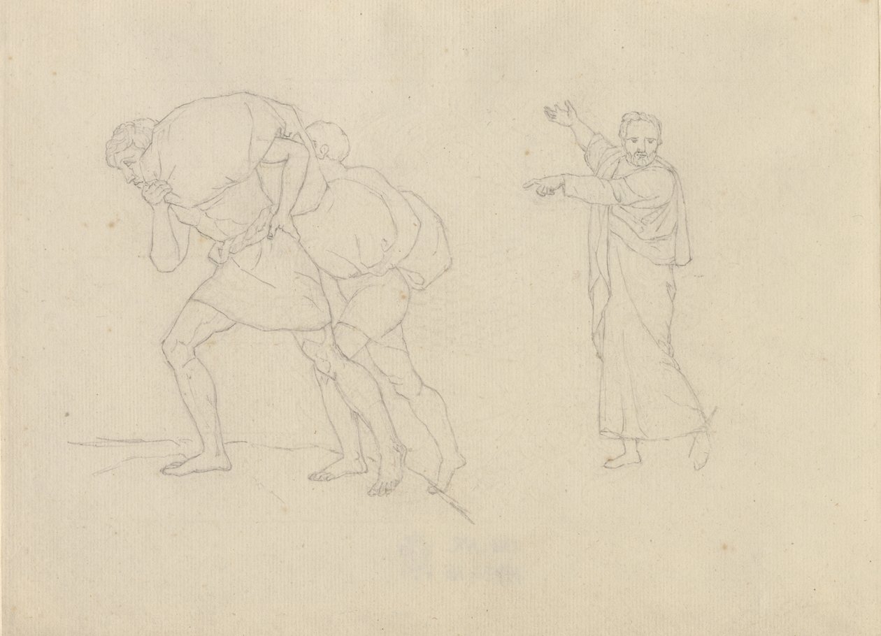 Studie af to mænd, belæsset med byrder på vej op ad et bjerg af Christoffer Wilhelm Eckersberg