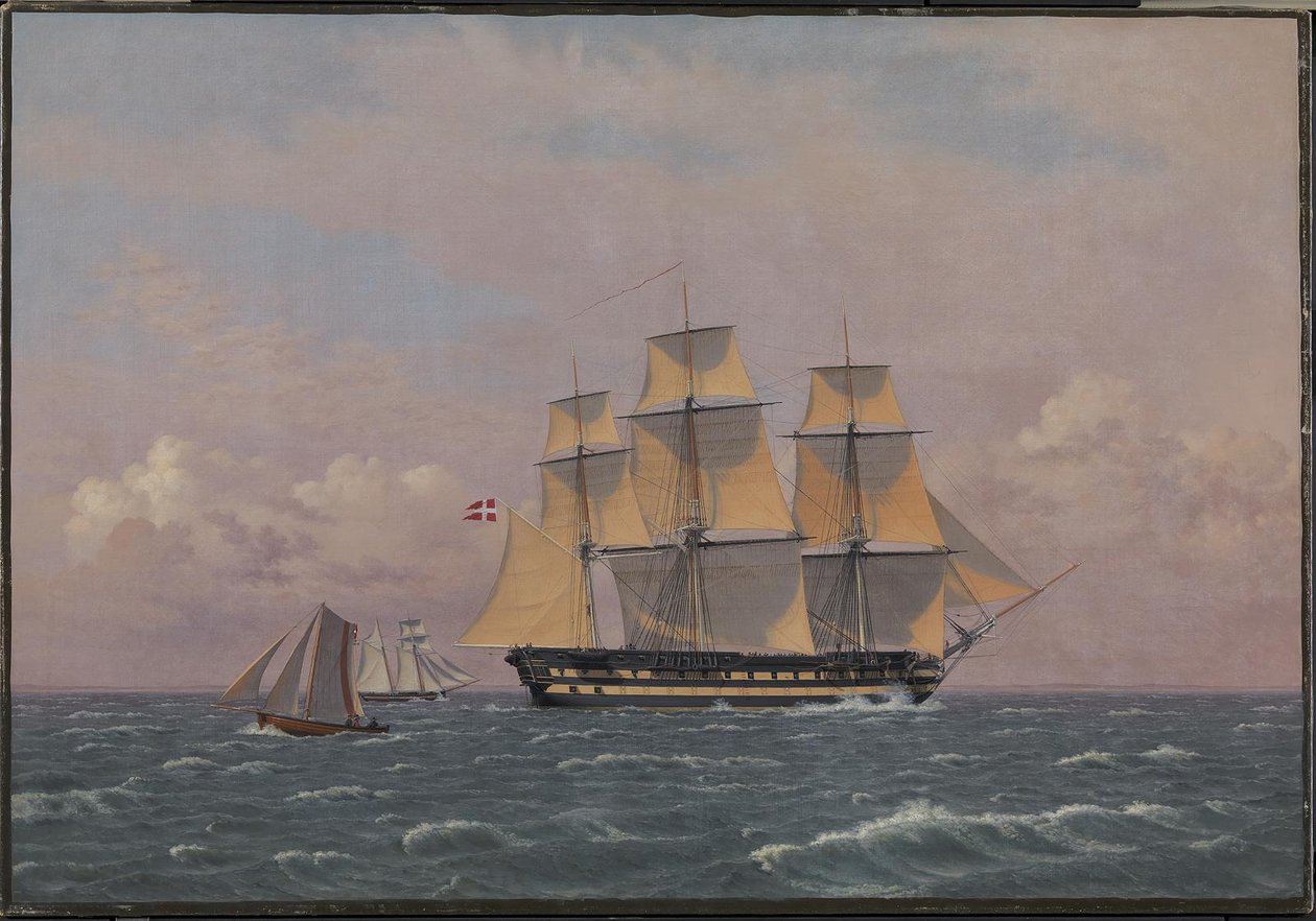 Det 84-kanoners danske krigsskib "Dronning Marie" i Øresund af Christoffer Wilhelm Eckersberg
