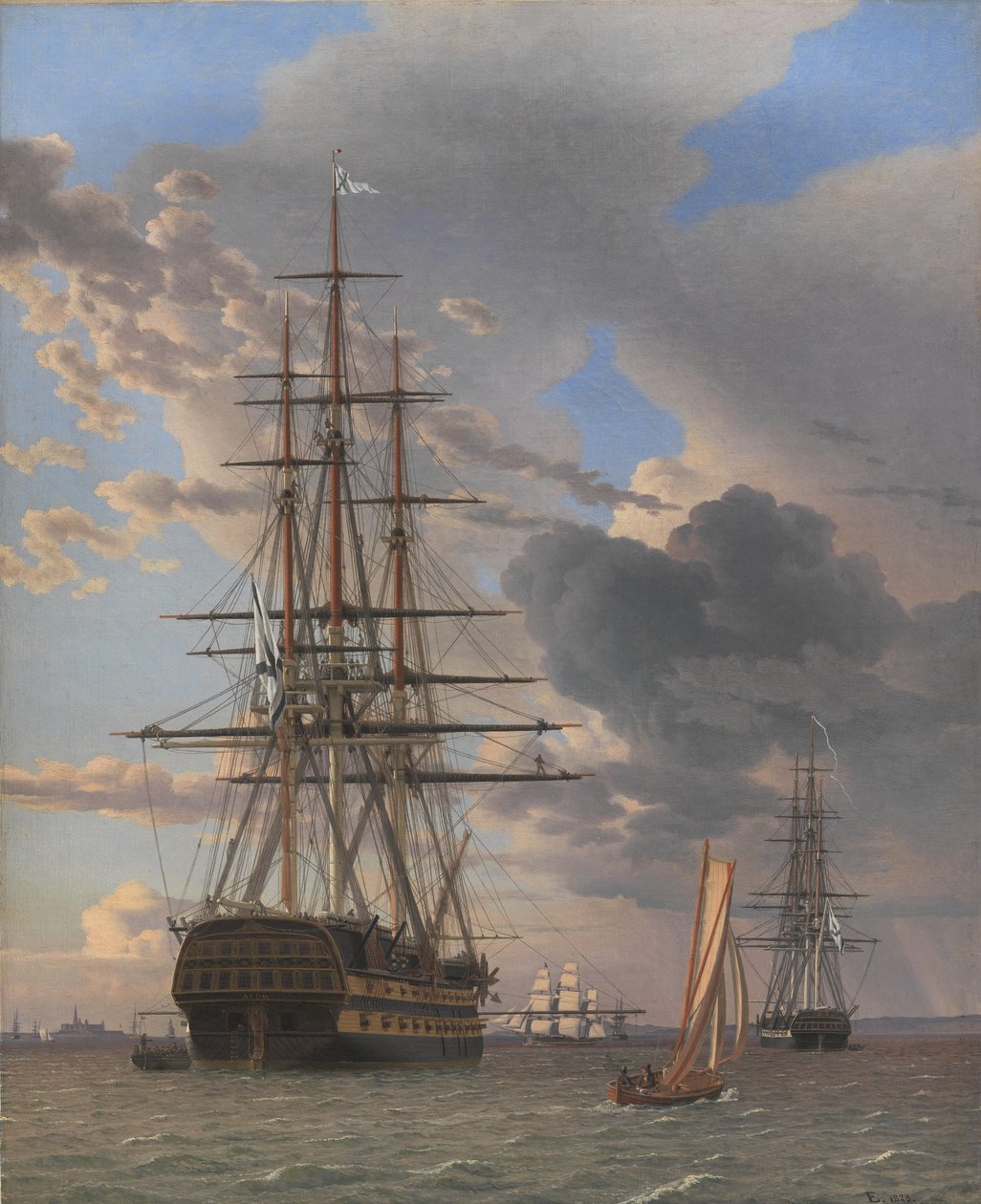 Det russiske Linieskib "Asow" og en Fregat ved Anker ved Helsingør af Christoffer Wilhelm Eckersberg