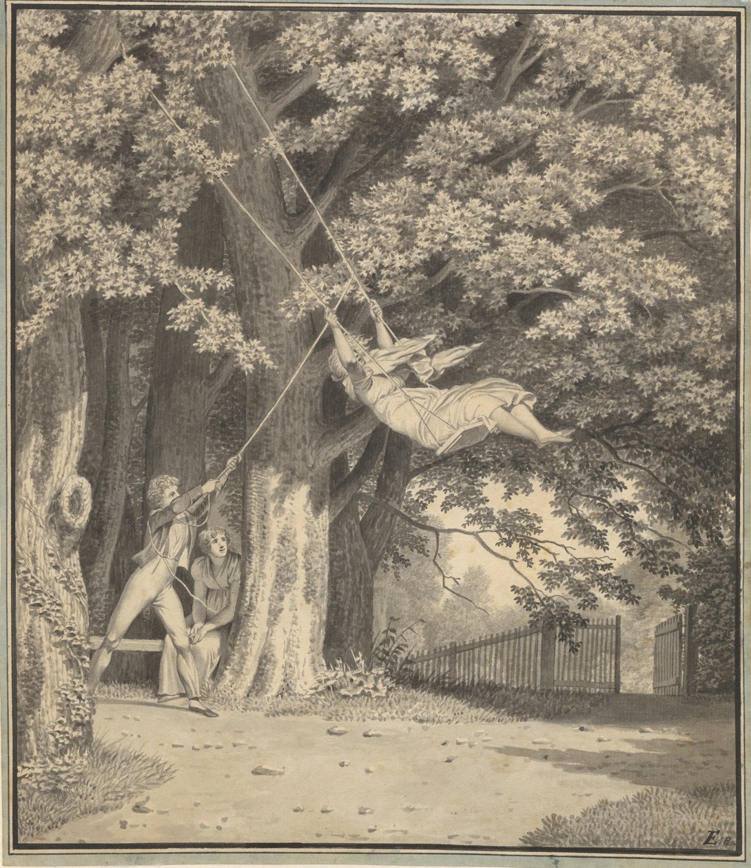The Woodlands ved Skjoldnæsholm med en ung mand, der svinger en ung pige af Christoffer Wilhelm Eckersberg