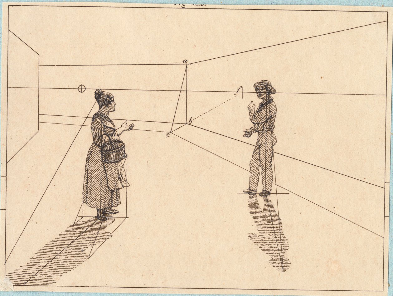 To figurer i en geometrisk konstruktion. Illustration til "Linearperspectiven", Tavle IV af Christoffer Wilhelm Eckersberg
