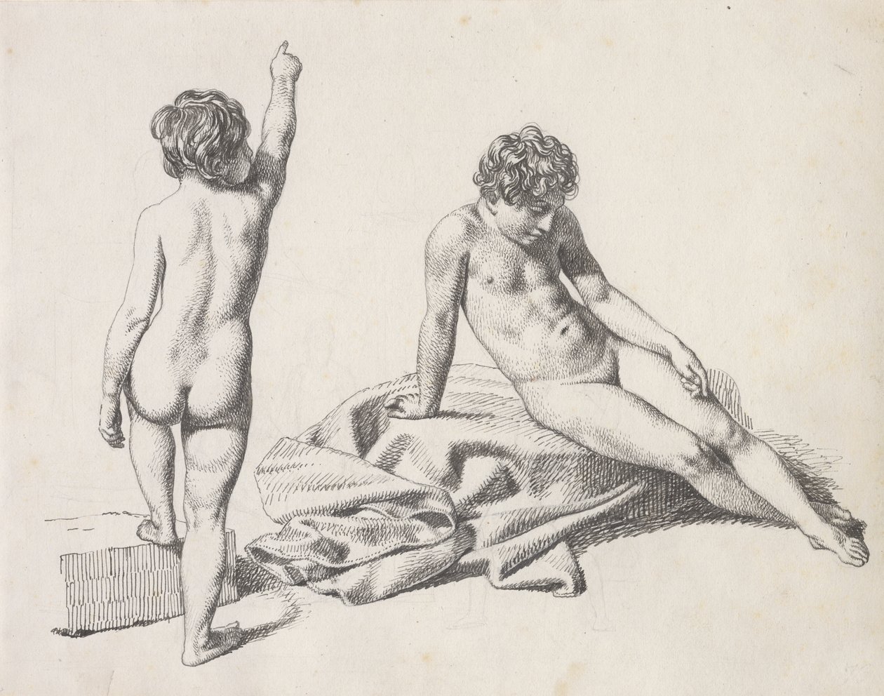To nøgne småpiger, den ene siddende set forfra, den anden stående set bagfra af Christoffer Wilhelm Eckersberg