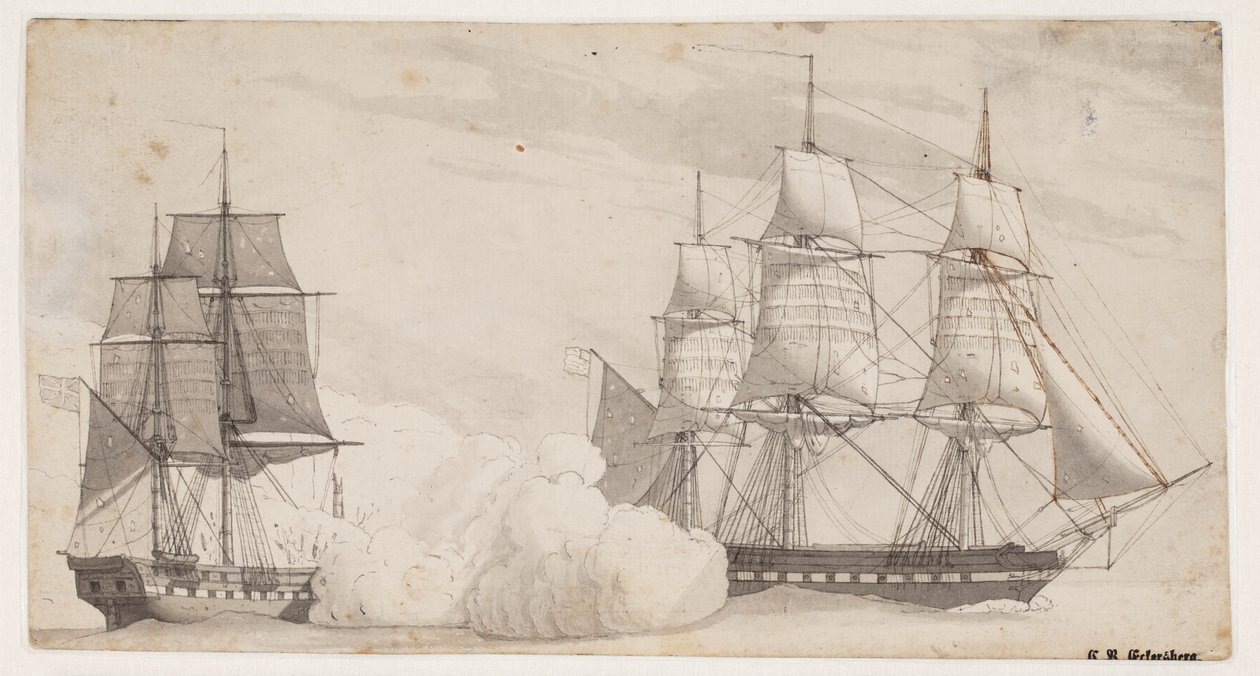 To orlogsskibe i kamp (den engelske fregat Shannon og den amerikanske fregat Chesapeak?) af Christoffer Wilhelm Eckersberg