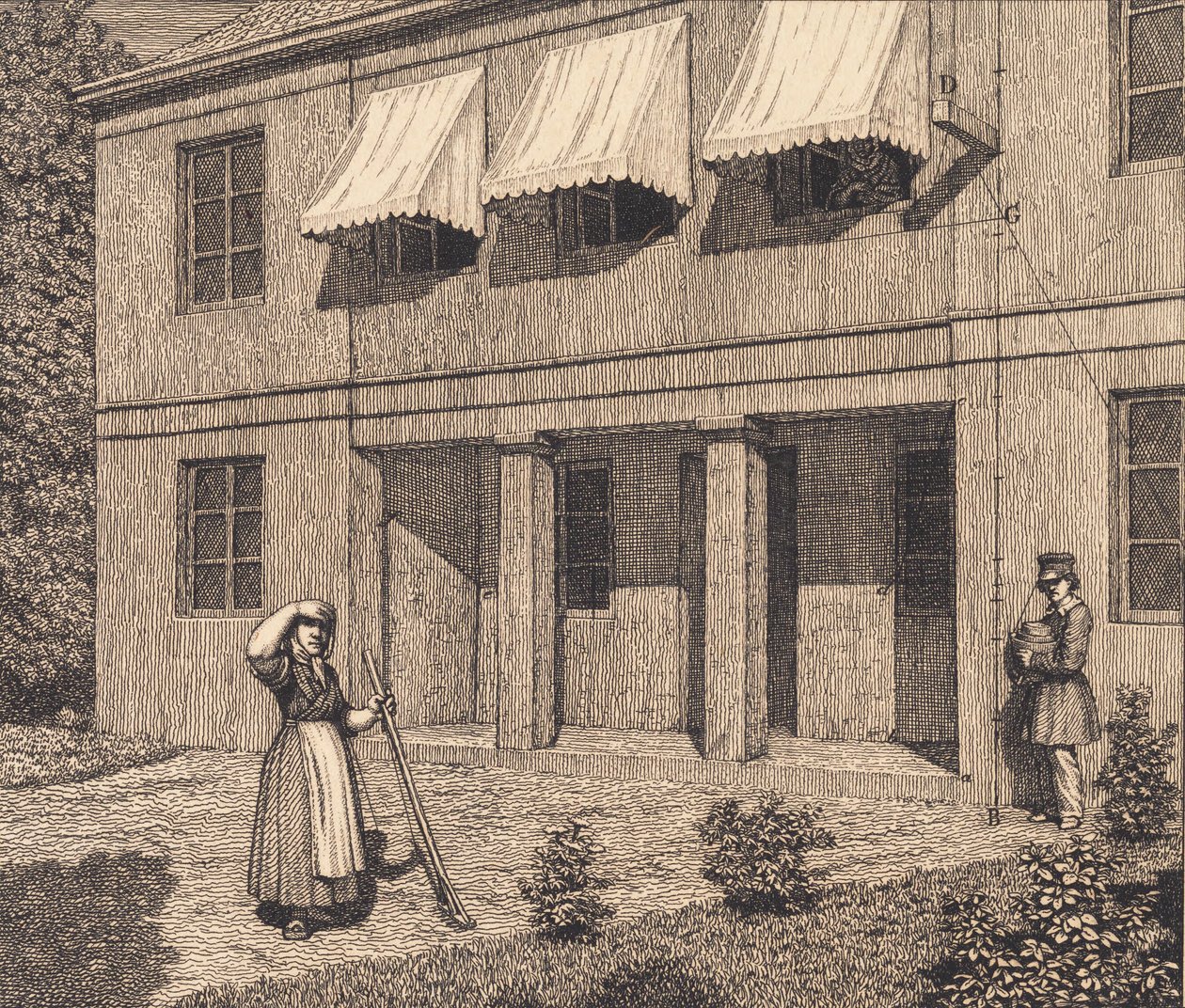 Udenfor en villa. Illustration til "Linearperspectiven", Tavle V af Christoffer Wilhelm Eckersberg