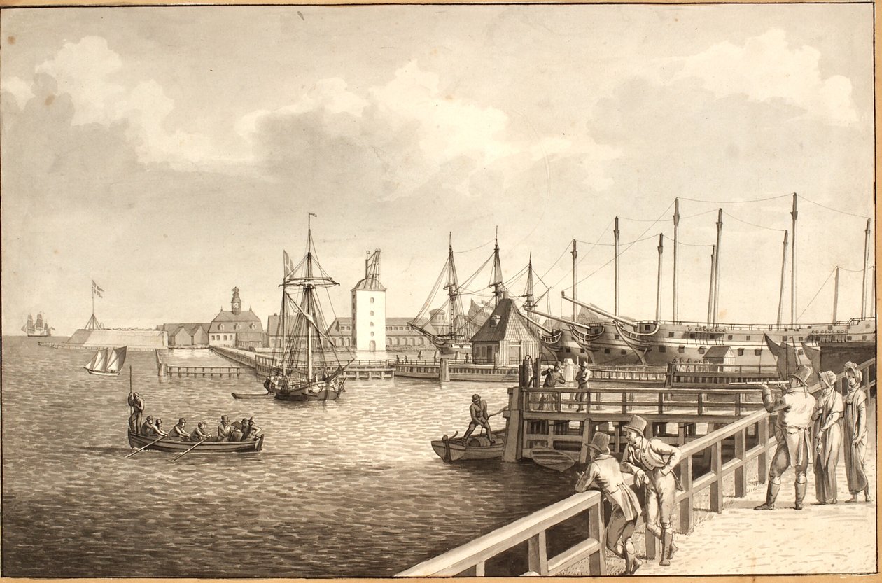 Udsigt fra Langelinie mod Nyholm, t.h. flådens leje af Christoffer Wilhelm Eckersberg