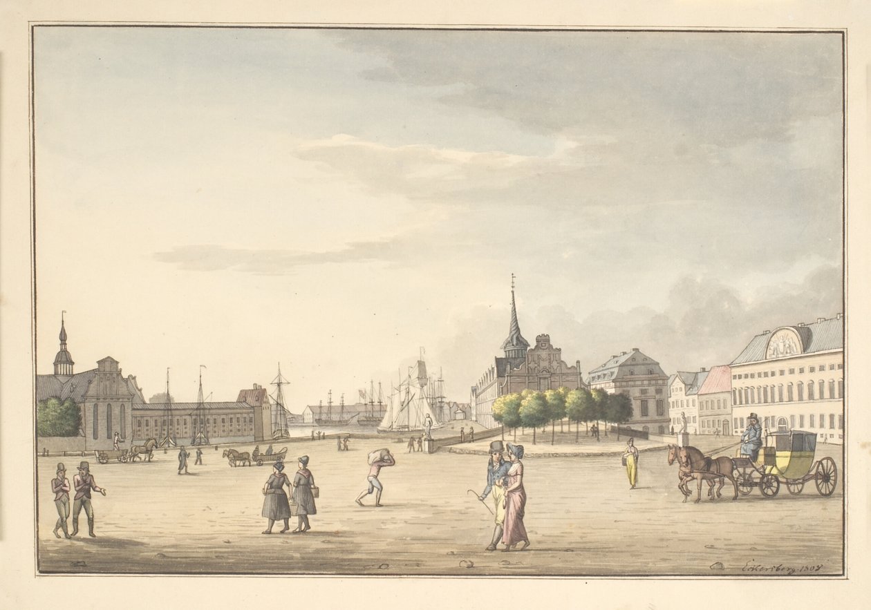 Udsigt fra Slotspladsen mod Børsen og banken af Christoffer Wilhelm Eckersberg