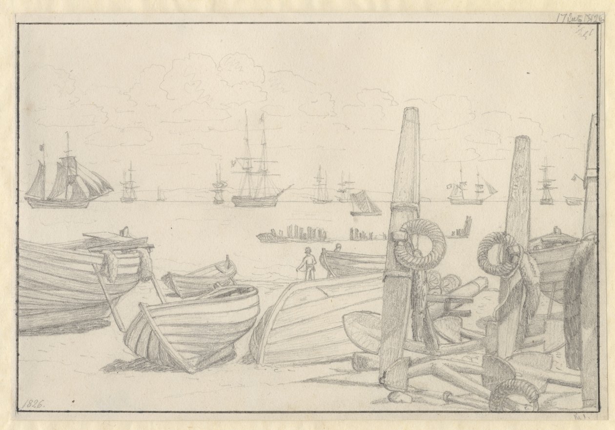Udsigt fra stranden syd for Helsingør mod vagtskibet, briggen "Falster". af Christoffer Wilhelm Eckersberg