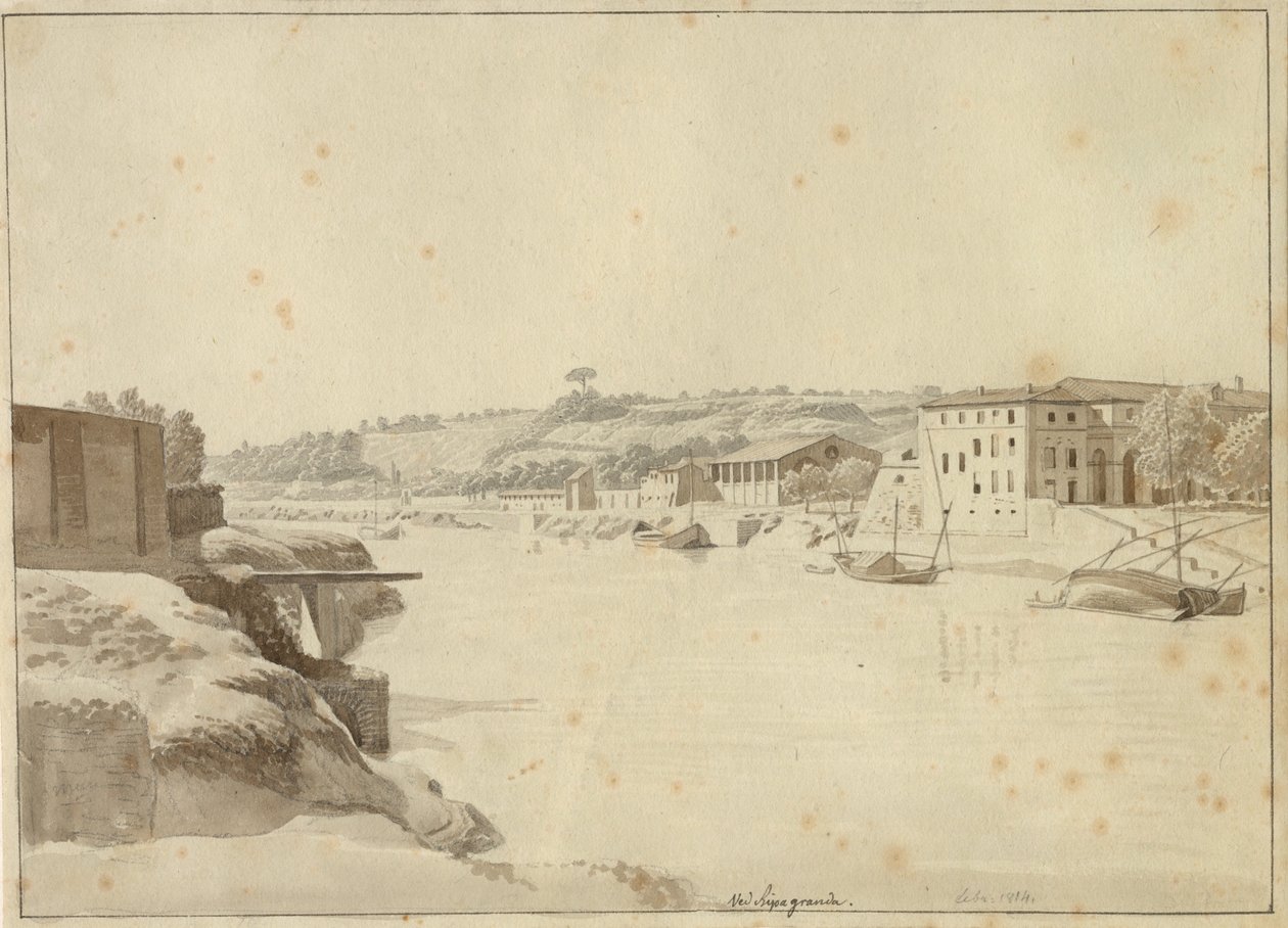 Udsigt over Tiberen mod Porto di Ripa Grande og Porta Portese set fra breden neden for Monte Aventino, Rom. af Christoffer Wilhelm Eckersberg