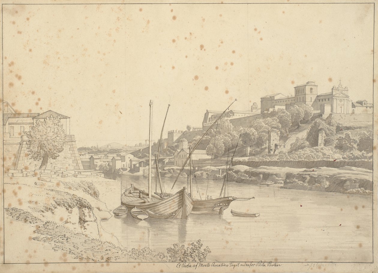 Udsigt over Tiberen ved Porto di Ripa Grande uden for Porta Portese mod Marmorata og kirkerne på Monte Aventino, Rom af Christoffer Wilhelm Eckersberg