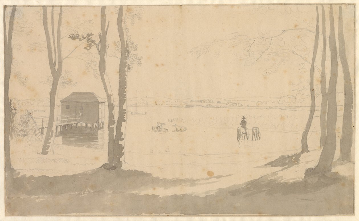 Udsigt over en sø, til venstre et badehus, i midten ryttere der vander heste, forgrunden er træbevokset af Christoffer Wilhelm Eckersberg