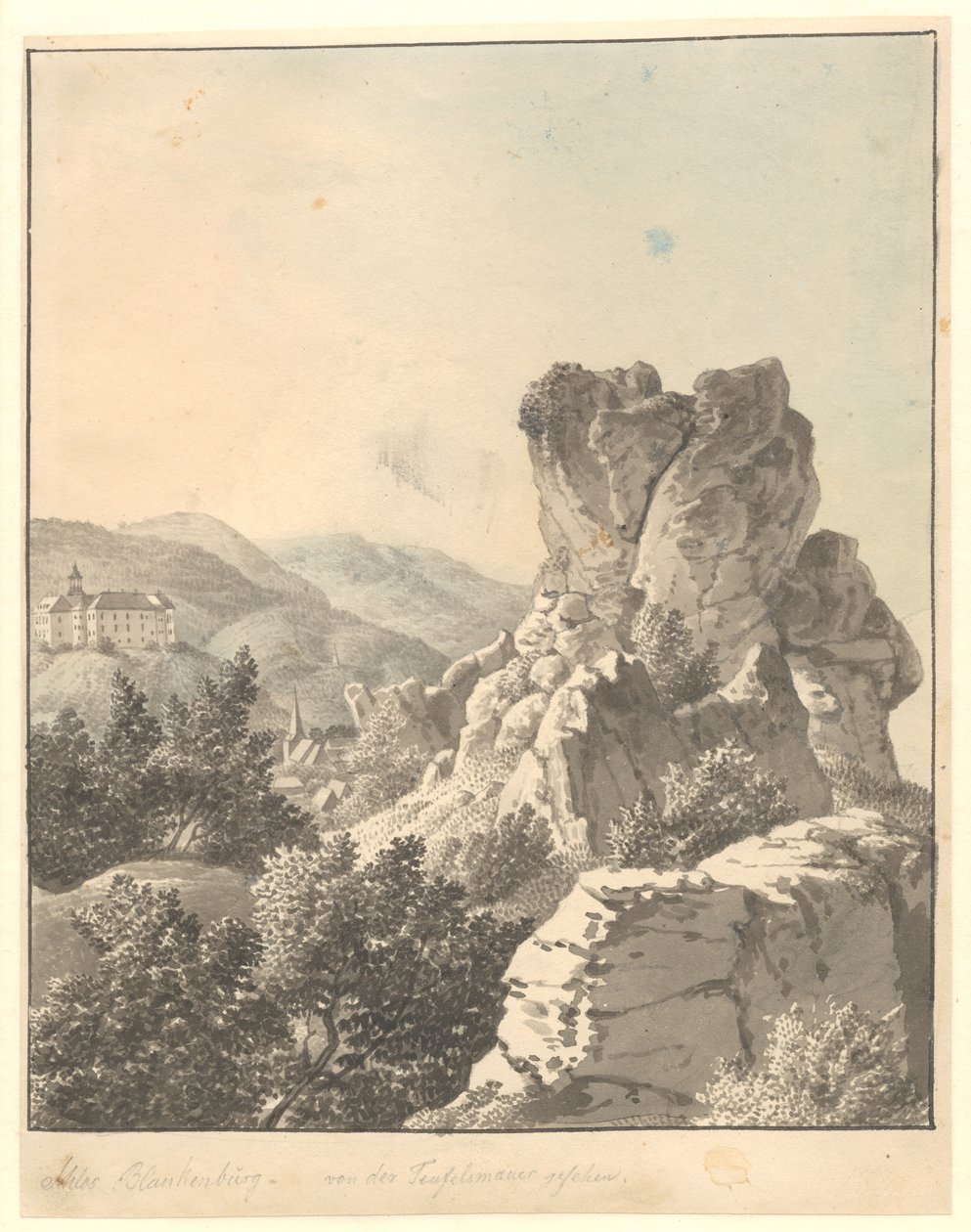 Udsigt fra Harzen, fra Teufelsmauer, Blankenburg Slot i baggrunden af Christoffer Wilhelm Eckersberg