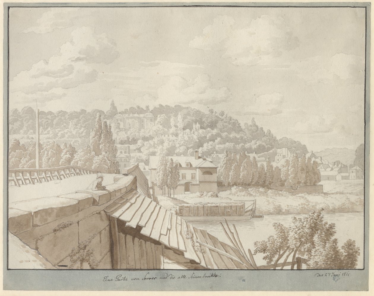 Udsigt fra Sevres af den gamle Seine-bro med parken i Saint Cloud i baggrunden af Christoffer Wilhelm Eckersberg