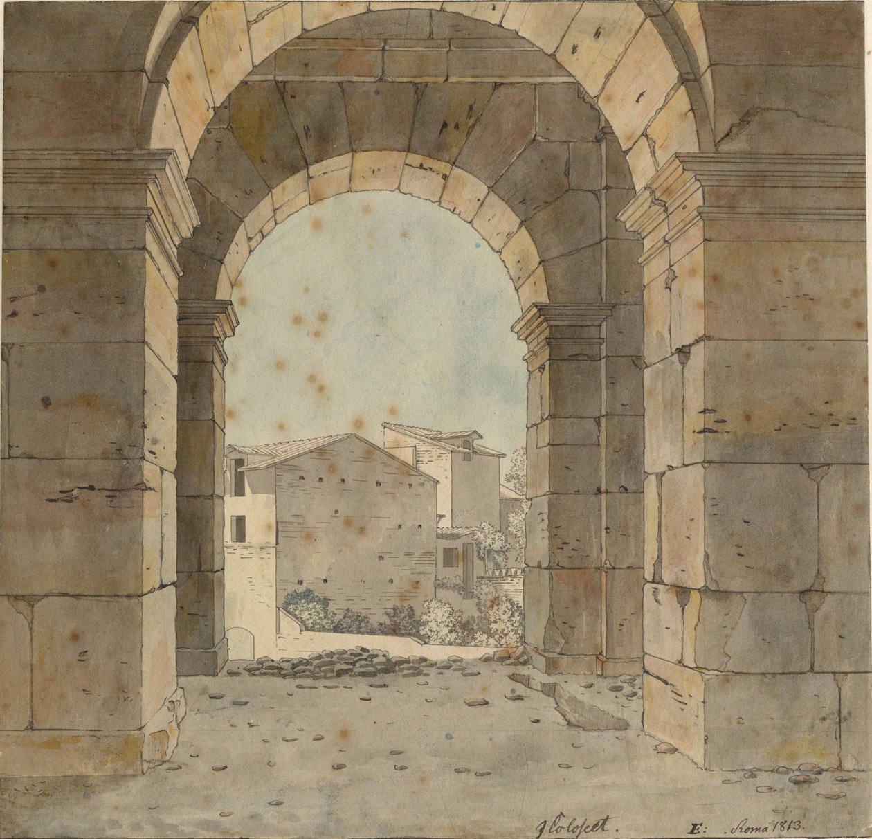 Udsigt mod nord gennem en af buerne i Colosseums anden etage i Rom af Christoffer Wilhelm Eckersberg